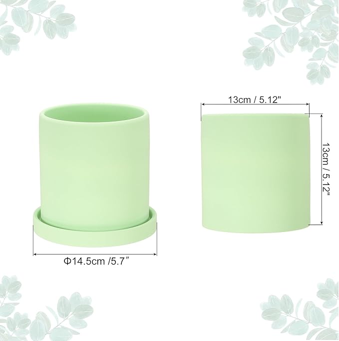 PATIKIL 5 Inch Ceramic Plant Pots, Modern Flower Planters with Drainage Holes and Tray for Decorate Home Indoor Plants Succulent Herb, Green