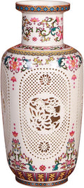 Flower Vase - 11.42 Inch Hollow Out Ceramic Vase, Vintage Chinese Style Home Decor, Handcrafted Patel White Porcelain Centerpiece for Living Room Table Shelf (Pastel A)