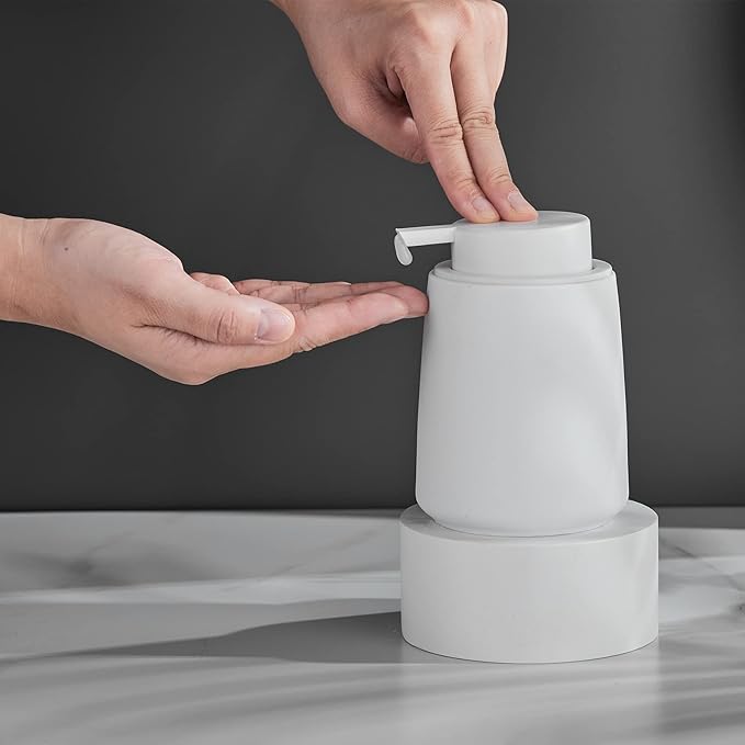 12Oz White Soap Dispenser - Modern Ceramic Lotion Hand Soap Dispenser with Easy-to-Press White Pump, Reusable and Refillable Liquid Dish Soap Dispensers for Bathroom, Kitchen (Rubber Paint)