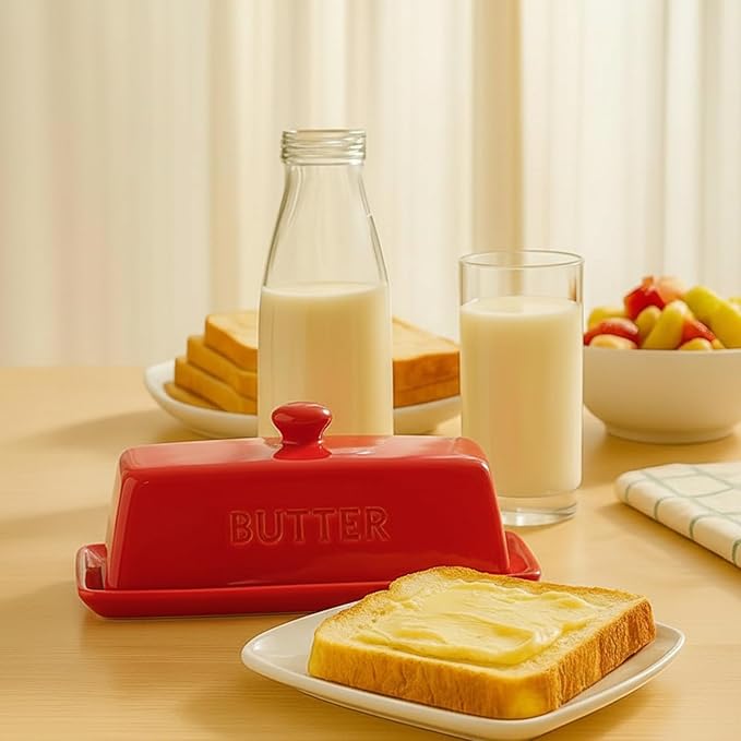 WERTIOO Butter Dish with Lid, Ceramic Butter Dish with Lid for Countertop for 1 Stick. Textured Tray for Non Slip Storage with Stainless Steel 3 in 1 Butter Spreader, Red