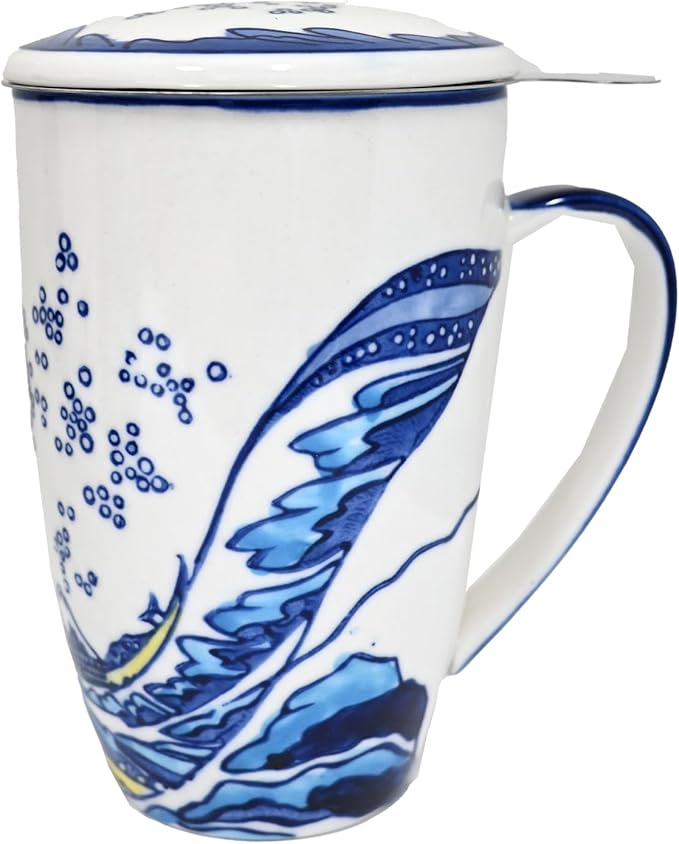 Urban Tokyo Porcelain Tea Infuser Mug with Lid, 15oz Teacup with Strainers for Loose Leaf Tea, Microwave and Dishwasher Safe Coffee Mug