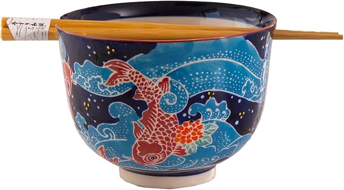 Urban Tokyo Handpainted Ceramic Glazed Japanese Ramen Udon Noodle Rice Bowl With Chopsticks 20 fl oz 5 inch Diameter Bowl Sets Color Box Packaging (Japanese Koi Fish)