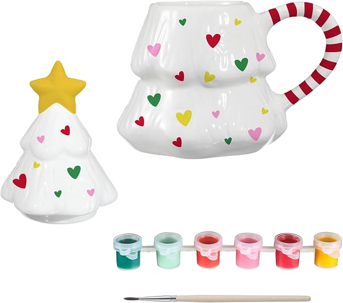 Didaey 1 Set Christmas Tree Mug with Lid Paint Your Own Mug Craft Kit with 6 Color Paints and Brush DIY Ceramic Christmas Coffee Mugs for Xmas Festive Holiday Gift