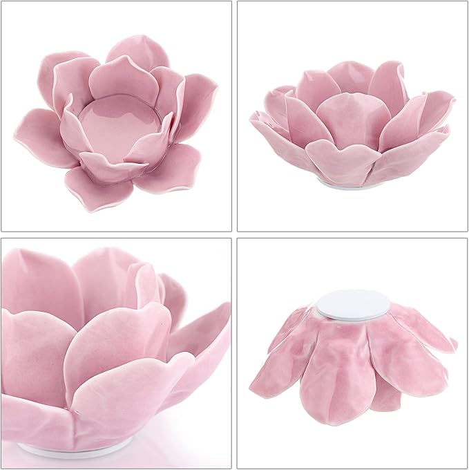 OwnMy 4.5 Inch Ceramic Lotus Flower Tea Light Holder Lotus Petals Candle Holder Candlestick, Votive Flower Tealight Candle Holder Candle Lamps Holder with Gift Box for Home Decor Wedding Party (Pink)