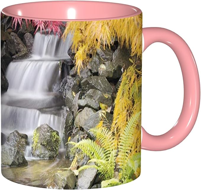 Autumn,Funny Novelty Ceramic Coffee Cups With Handle,Tropical Fall with Colorful Flowers Asian Tea Cup for Office and Home, 11 Oz,Dishwasher Microwave Safe (Pink)