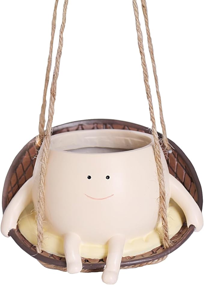bestbear Hanging Swing Chair Planter Pot Resin Smiley Face Planter for Indoor Outdoor Plant Cute Head Flower Pots for String of Pearls Plant Live Unique IdeaI for Mother Day, Christmas (Large)