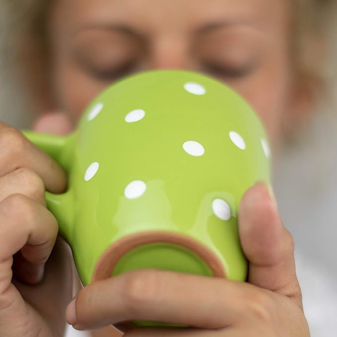City to Cottage Ceramic Cappuccino Mug with Large Handle, 10oz Coffee Mug for Latte Hot Chocholate Tea, Daily Morning Dring at Home Office Work, Christmas Housewarming Gift Pistachio Green Polka Dot