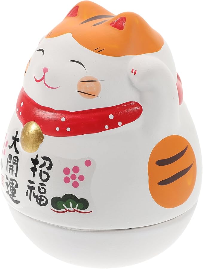Ceramic Lucky Cat Figurine White Wobble Tumbler Cat Ornament Japanese Style Decorative Table Decor Gift for Home and Office