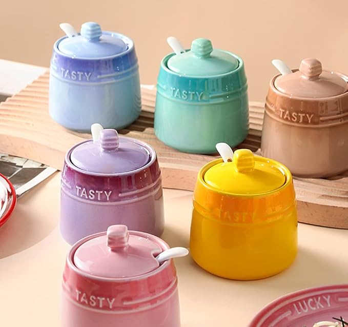 Colourful Ceramic Spice Jar Seasoning Box Condiment Pot Sugar Bowl with Lid Spoon-Brown