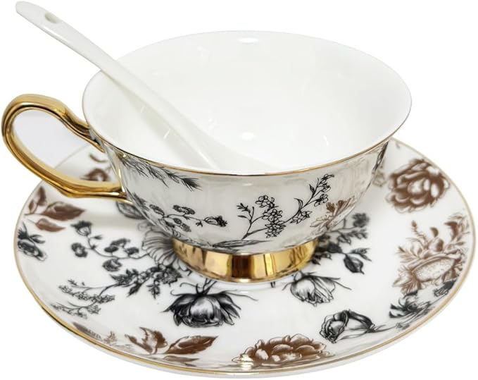 Bone China Tea Cup and Saucer Set with Spoon，Elegant Floral Tea Cup Set (7 oz)，British Coffee Latte Mug for Birthday Party Christmas gift for Friends