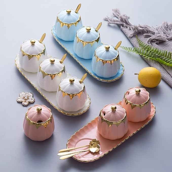 Sugar Bowl with Lid and Spoon, Ceramic Condiment Container with Tray, Sugar and Salt Containers Set, Gold Condiment Spice Jars, White Seasoning Container Set of 3 for Kitchen Coffee Bar