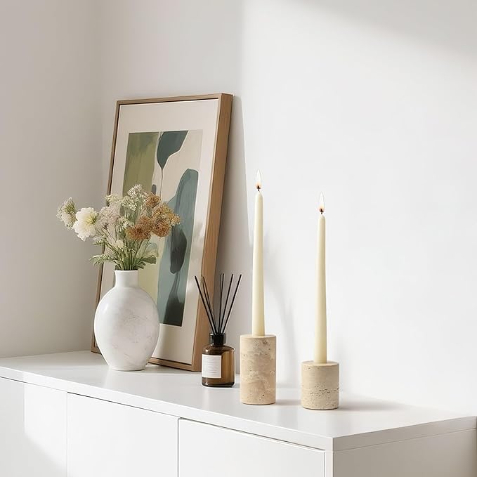 WORHE Candle Holders True Natural Marble Set of 2 Decorative Candlestick Holder for Table Centerpieces Home Dinning Party Wedding Birthday Premium Candles Stand for 3/4 inch Candles Beige (ZT017R)