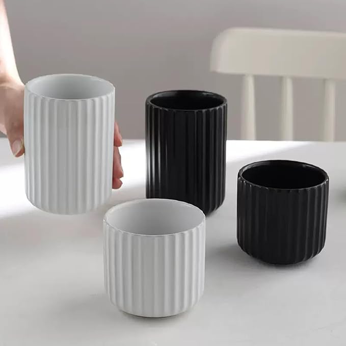 Nordic Ceramic Mug, Japanese Tea Cup 10oz Striped Cup No Handle Drinking Cup for Latte Milk Water Beverage Juice Microwave and Dishwasher Safe (Matte Black)