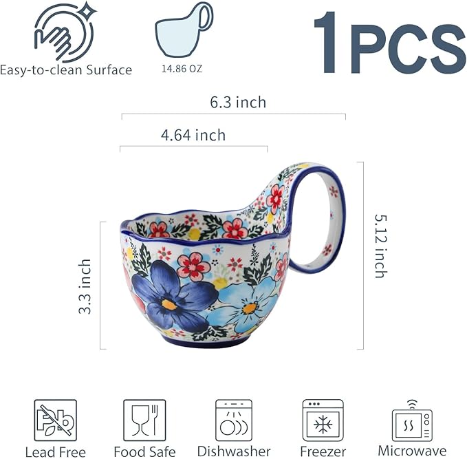 15oz Large Soup Bowl with Loop Handle, Polish Pottery Ceramic Handpainted Decorative Mug Cup with Handle, Bowl for Soup Cereal Fruits Chili Stew Ice cream Dishwasher & Microwave Safe Housewarming Gift