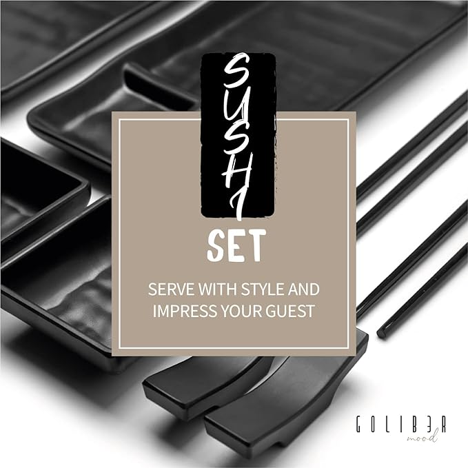 Sushi Serving Set, with 4 Japanese Sushi Serving Plate, 4 Soy Sauce Dish, 4 pairs of chopsticks and 4 chopsticks stands- Melamine Serving Set for Sushi (Black)