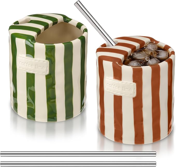 2 Pack Ceramic Coffee Mug with Sip Hole Espresso Cup 10oz with Straws Retro Hand Painted Striped Porcelain Coffee Tea Cup Cappuccino Latte Mug for Kitchen Dining Travel (Green,Brown)