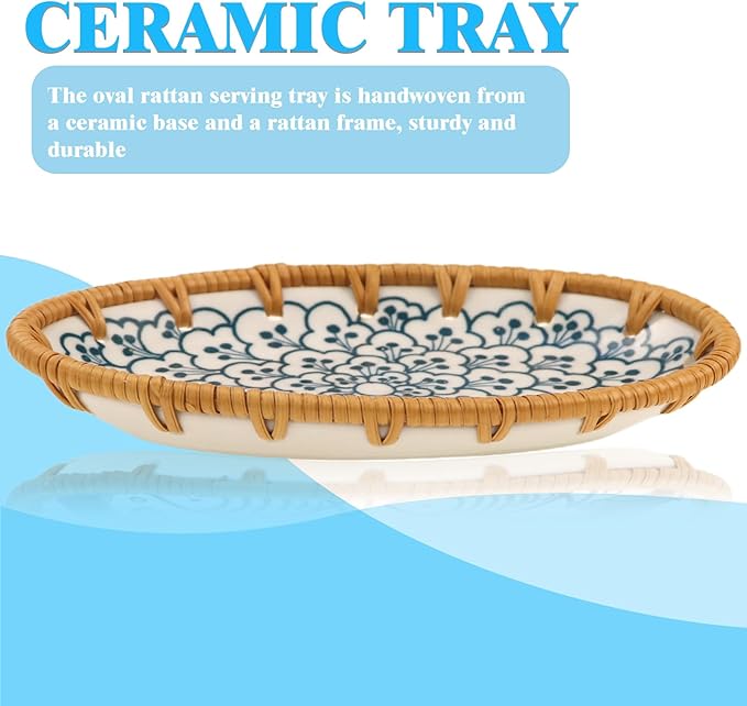 Rattan Ceramic Tray, Oval Fruit/Bread/Cookie/Jewelry Small Storage Porcelain Serving Plate, Vintage Decorative Display Plate for Coffee Table Home Decor Wedding Party Gift （Cyan Cloud）