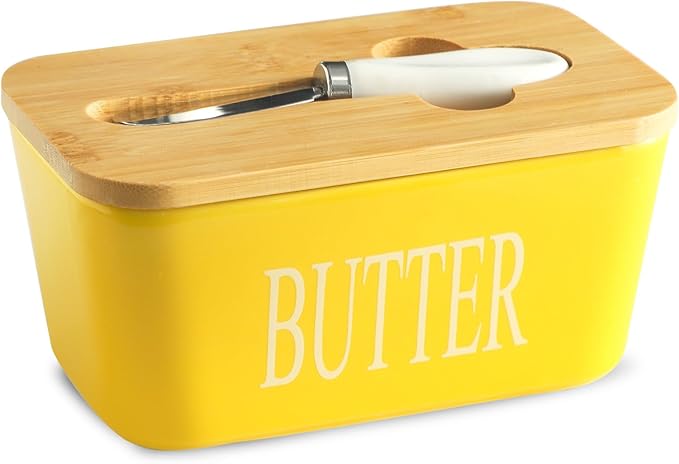 Hasense Porcelain Butter Dish with Lid, Ceramic Butter Dish with Lid Holds For Countertop, Butter Holder with Knife for East West Coast Butter, Airtight Covered Butter Container for Kitchen, Yellow