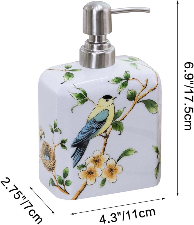 Ceramic Soap Dispenser, Decorative Flower Liquid Hand Soap Dispenser, Empty Refillable Lotion Bottle with Removable Pump for Bathroom Kitchen Countertop - White, 18.6 oz