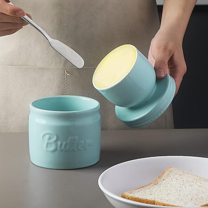 Sweejar Porcelain Butter Keeper Crock, French Butter Dish with Water Line, Ceramic Butter Container for soft butter (Turquoise)