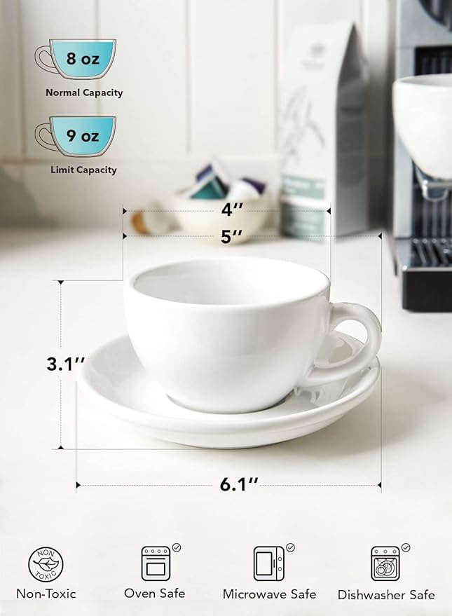 LE TAUCI Cappuccino Cups with Saucers 8 oz, Set of 4 Large Ceramic Coffee Cup Set for Latte, Au Lait, Flat White, Mocha, Tea Cup Set, Dishwasher Safe, Embossed Coffee Cups, White