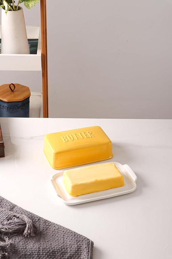 Porcelain Covered Butter Dish with Lid for Countertop Butter Holder Container for One Stick of Butter. Textured Tray Butter Keeper for Non Slip Storage-YELLOW SMALL
