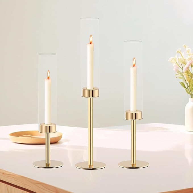 Rose Gold Taper Candle Holder Set, 3pcs Glass Hurricane Tall Candlestick Holders, Vintage Candelabra, Premium Gift Set for Home Decor Aesthetic, Birthday Parties, Weddings & Christmas Decorations