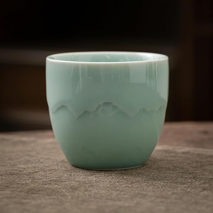 TEANAGOO Ceramic Japanese Tea Cups Set of 4pcs, 5.4oz/160ml Elegant Ceramic Matcha Cups with Flat Base, Celedon Blue Handleless Coffee Mugs, Microwave & Dishwasher Safe, Beautiful Gift Box
