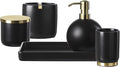 Bathroom Accessories Set, 5-Piece Ceramic Bath Accessory Complete Set with Lotion Dispenser/Soap Pump, Cotton Jar, Vanity Tray, Tumbler and Toothbrush Holder (Black and Gold)