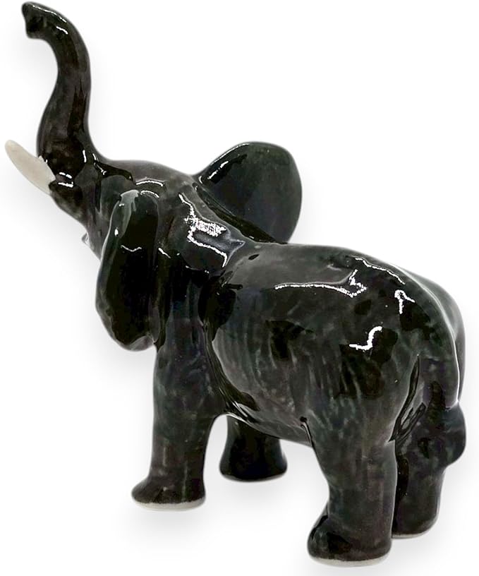 ChangThai Design Tiny 2½" Black Elephant Standing Lift Trunk Figurine - Miniature Hand Made Painted Ceramic Asian Elephants Cute Wildlife Animals Porcelain Decorative Collectible Figurines Décor Gifts