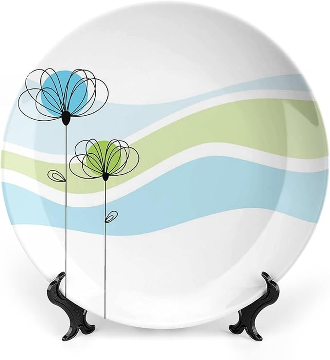 XISUNYA 6 Inch Decorative Plate, Doodle Tableware Plate, Summer Flowers with Cute Colors and Wave Backgorund Print Ornament Display Plate Handmade Plate Wedding Christmas Thankgiving Gifts