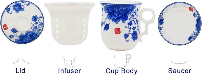Porcelain Tea Cup with Infuser Lid and Saucer Sets - Chinese Jingdezhen Ceramics Coffee Mug Teacup Loose Leaf Tea Brewing System for Home Office