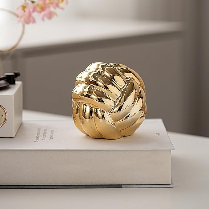 Hotfiary Small Ceramic Knot Statues Gold Home Decor, Modern Style Figurine Decorative Ball Ornaments, Sculpture Aesthetic Decor for Living Room, Bedroom, Apartment, Bookshelf, Office, Cabinets