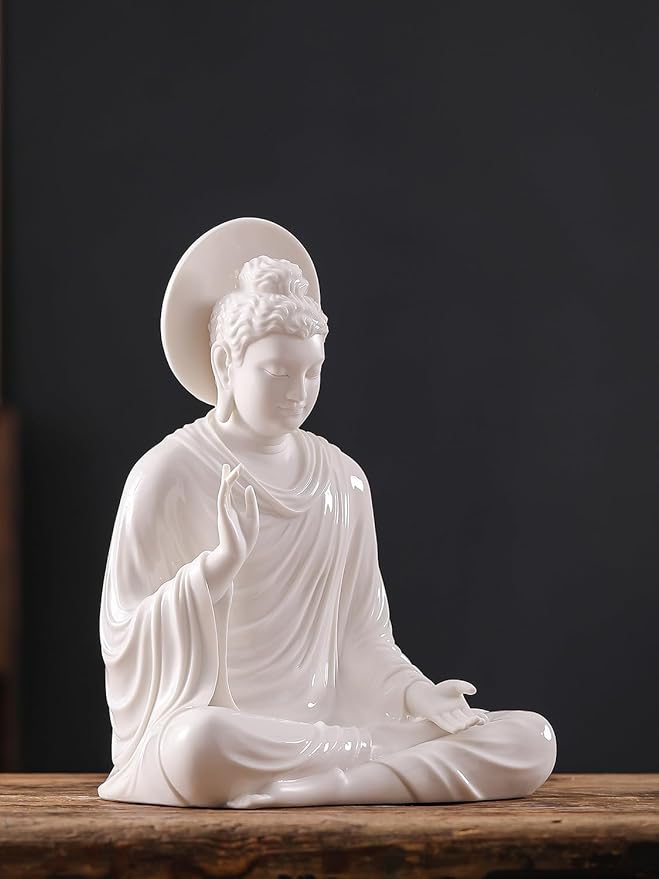 Houlu 12.8 Inch White Buddha Statue for Home Decor, Meditating Buddha Statue with Halo, Ceramic Buddha Statues Indoor/Outdoor for Meditation and Spiritual Décor