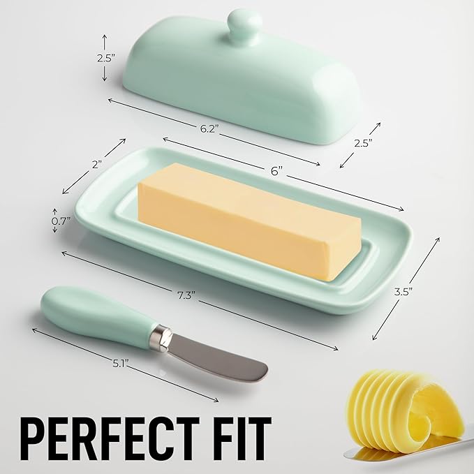 Zulay Butter Dish With Lid For Countertop - Porcelain Mint, Ceramic Butter Dish with Knob Handle Great for Cooking - Elegant Design Butter Holder - Durable & Sturdy Butter Keeper - Mint
