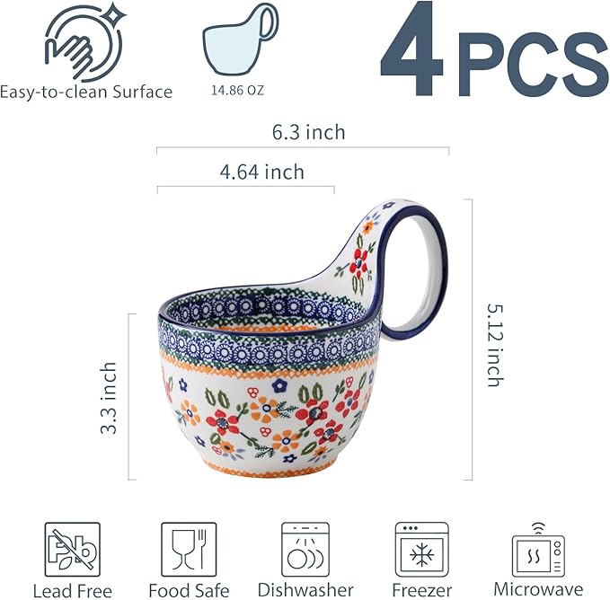 Handmade Ceramic Soup Bowl with Loop Handle, Polish Pottery Large Mug Cup, 18 oz Cup Perfect for Yogurt, Cereal, Soup, Pho, Stew, Salad, Dishwasher Microwave, Oven Safe Gift for Women