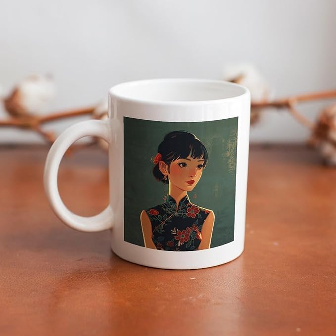 Asian Women Style Coffee Mugs Modern Ceramic Coffee Cups with Patterns Porcelain Tea Cups with Large Handles for Women Men Dishwasher And Microwave Safe