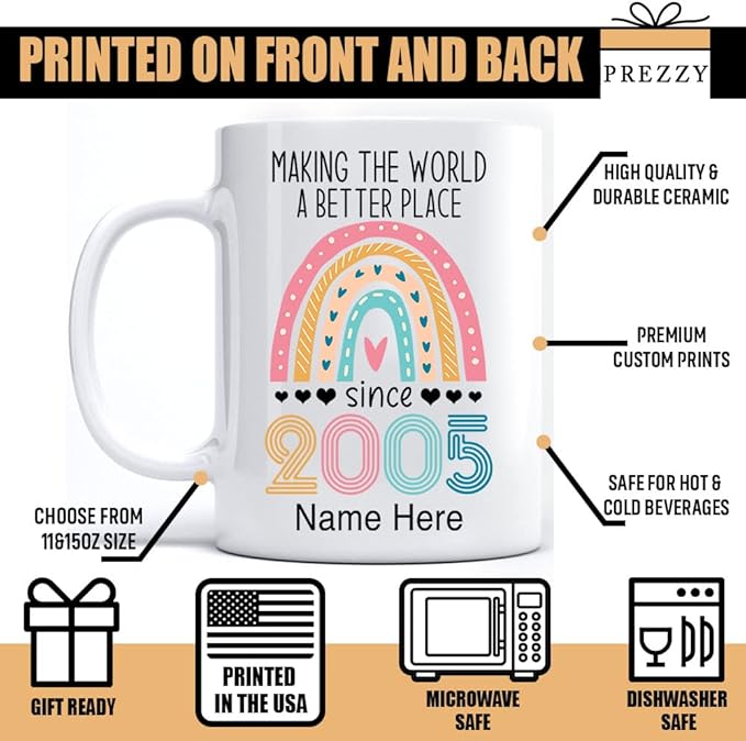 PREZZY Vintage 18th Birthday Mug Gifts for Women Men Making the World a Better Place Since 2005 Boho Rainbow Turning 18 Years Old Birthday Decorations Personalized Mugs Novelty Coffee Cup 11oz 15oz