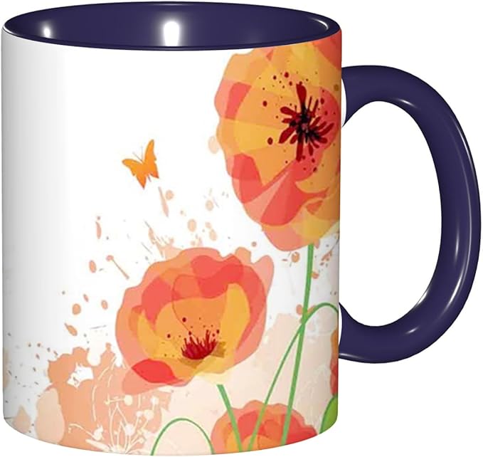 Poppy Flower,Funny Novelty Ceramic Coffee Cups With Handle,Watercolors Design of Poppy Tea Cup for Office and Home, 11 Oz,Dishwasher Microwave Safe (Navy blue)