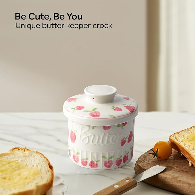 Toptier Butter Crock for Counter With Water Line, On Demand Spreadable Butter, Ceramic Butter Keeper to Leave On Counter, French Butter Dish with Lid (Strawberry)