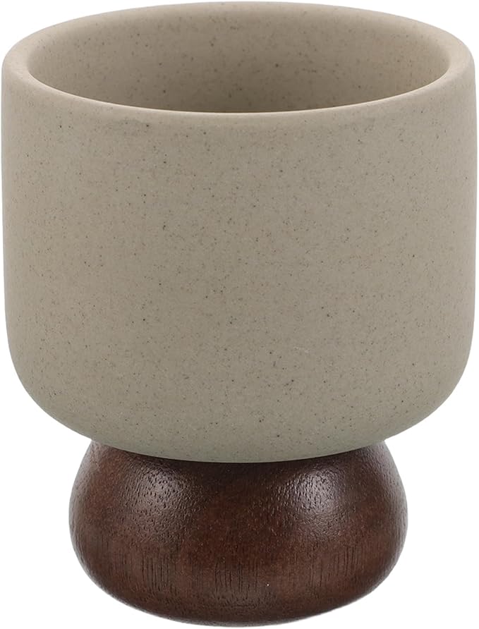 Minimalist Ceramic Cup: Porcelain Teacup with Wood Base for Tea and Coffee - Elegant Housewarming Pottery Drink Cup Gift for Women