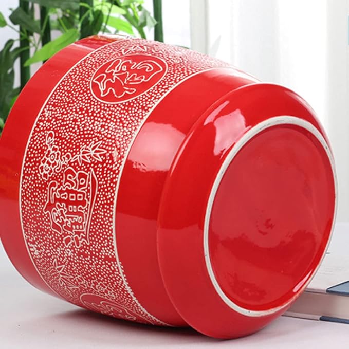 Red Ceramic Flower Pot with Saucer Chinese Style Planter Traditional Asian Decorative Pot Indoor Cylindrical Plant Pots for Indoor Outdoor Plants, Home Office Decor