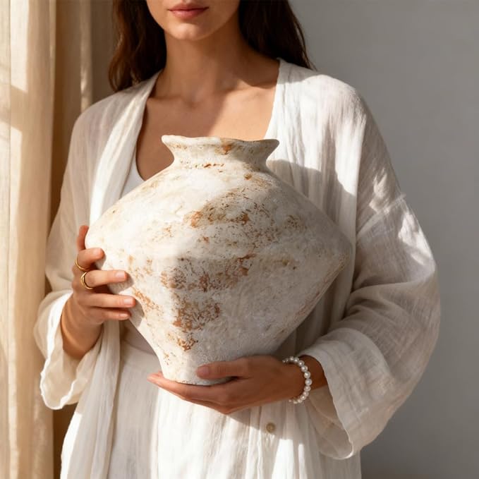 Whitewashed Terracotta Ceramic Vase, 11.5" Large Rustic Farmhouse Pottery Vase with Wide Mouth, Watertight Flower Vase for Fresh Flowers, Pampas Grass and Table Centerpieces Decor