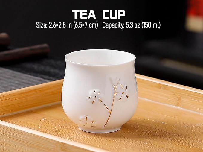 Japanese Tea Set, White Porcelain tea set with 1 Teapot(23 oz/660ml), 6 Tea cups(5.3 oz/150ml), 1 Tea Tray, Golden plum blossom relief, Asian tea sets for adults (Golden plum-White)