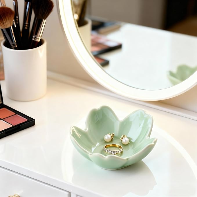 Sage Green Flower Ring Dish Ceramic Jewelry Tray, Small Trinket Dish Ring Bowl Jewelry Holder Organizer for Vanity/Bathroom/Nightstand, Birthday/Xmas/Engagement Gift for Women/Best Friends/Bride