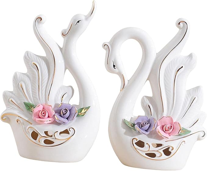 Fenteer Couple Swan Statues for Table Centerpiece Set of 2 Home Decor, Style D