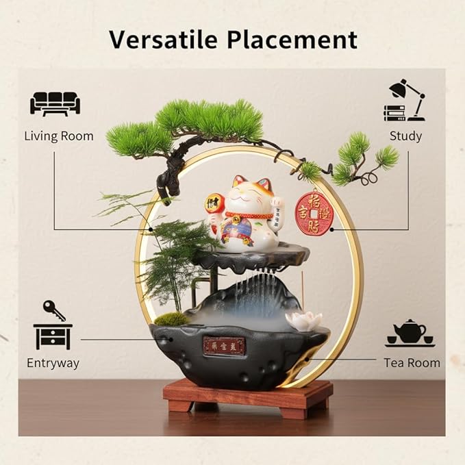 Chinese Ceramic Lucky Statue Cat - Automatic Waving Arm,Tabletop Waterfall Fountain Indoor& Backflow Incense Burner Holder,Adjustable USB LED Light Ring,Money Cat for Home Office Store