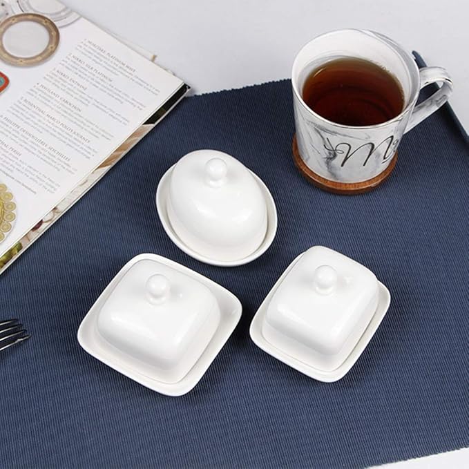 NAGU Small Rectangle Butter Dish with Lid, White Procelain Domed Cheese Dish with Handle Individual Serving Mini Butter Tray, Cute Ceramic Dessert Serving Bowl for Table, Countertop, Refrigerator