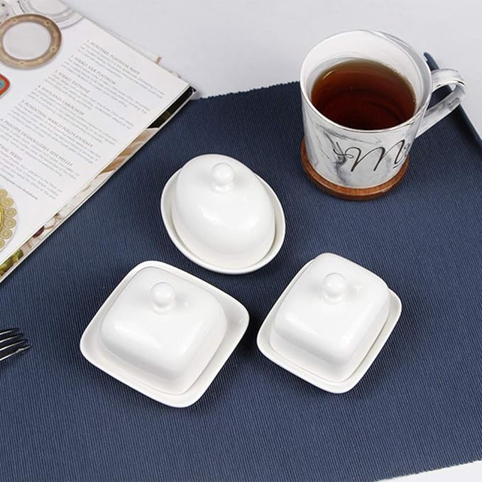 NAGU Mini Oval Butter Dish with Lid, White Procelain Domed Cheese Dish with Handle Individual Serving Small Butter Tray, Cute Ceramic Dessert Serving Bowl for Table, Countertop, Refrigerator