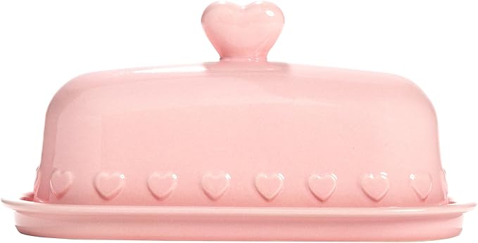 Paris Hilton Heart Knob Butter Dish, Iconic Stoneware With Heart Detailing, Microwave Safe & Dishwasher Safe, 2-Piece Set, Pink